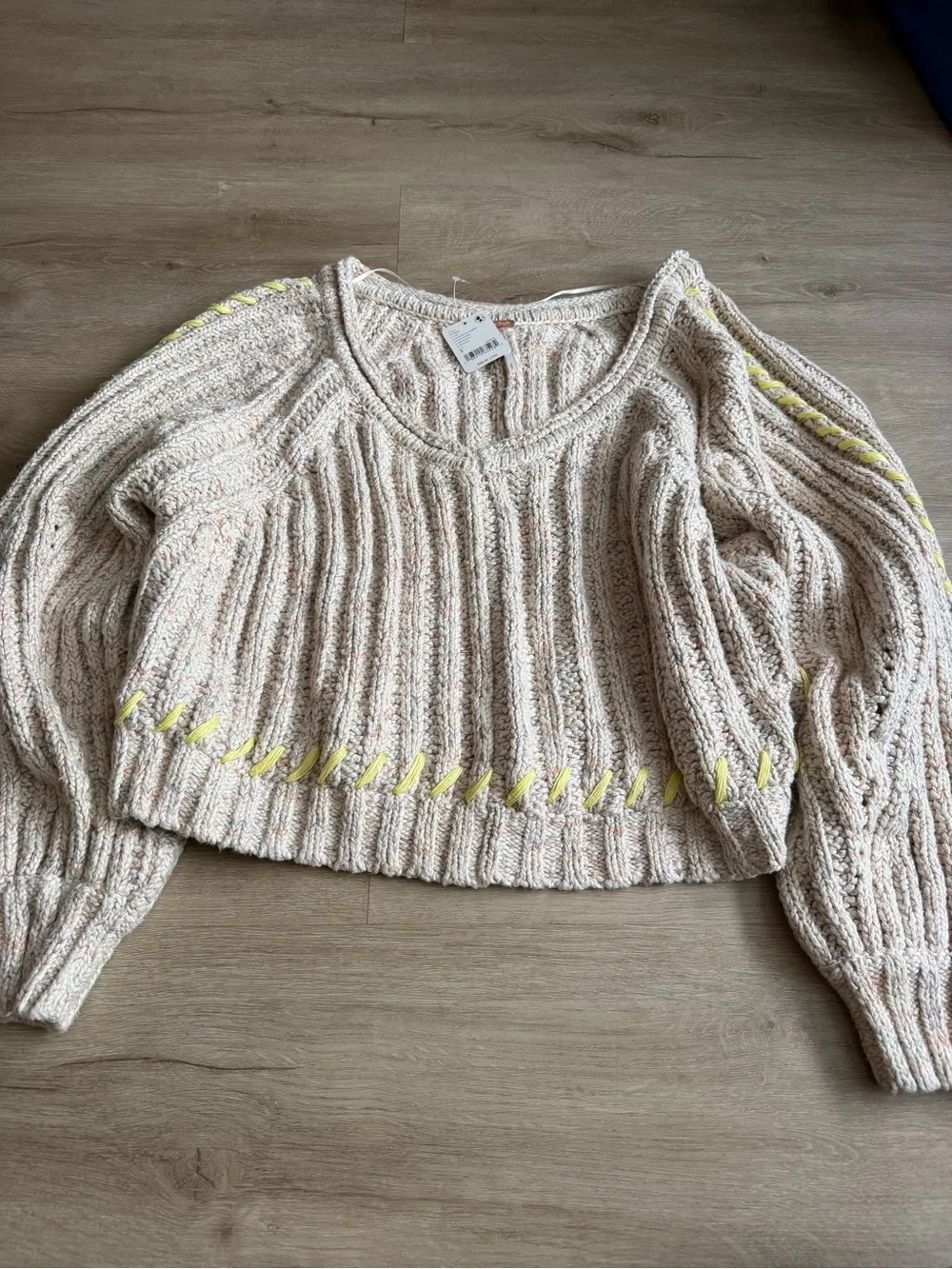Free People Whipstitch Pullover sweater Gardenia Ivory Combo SZ S NWT